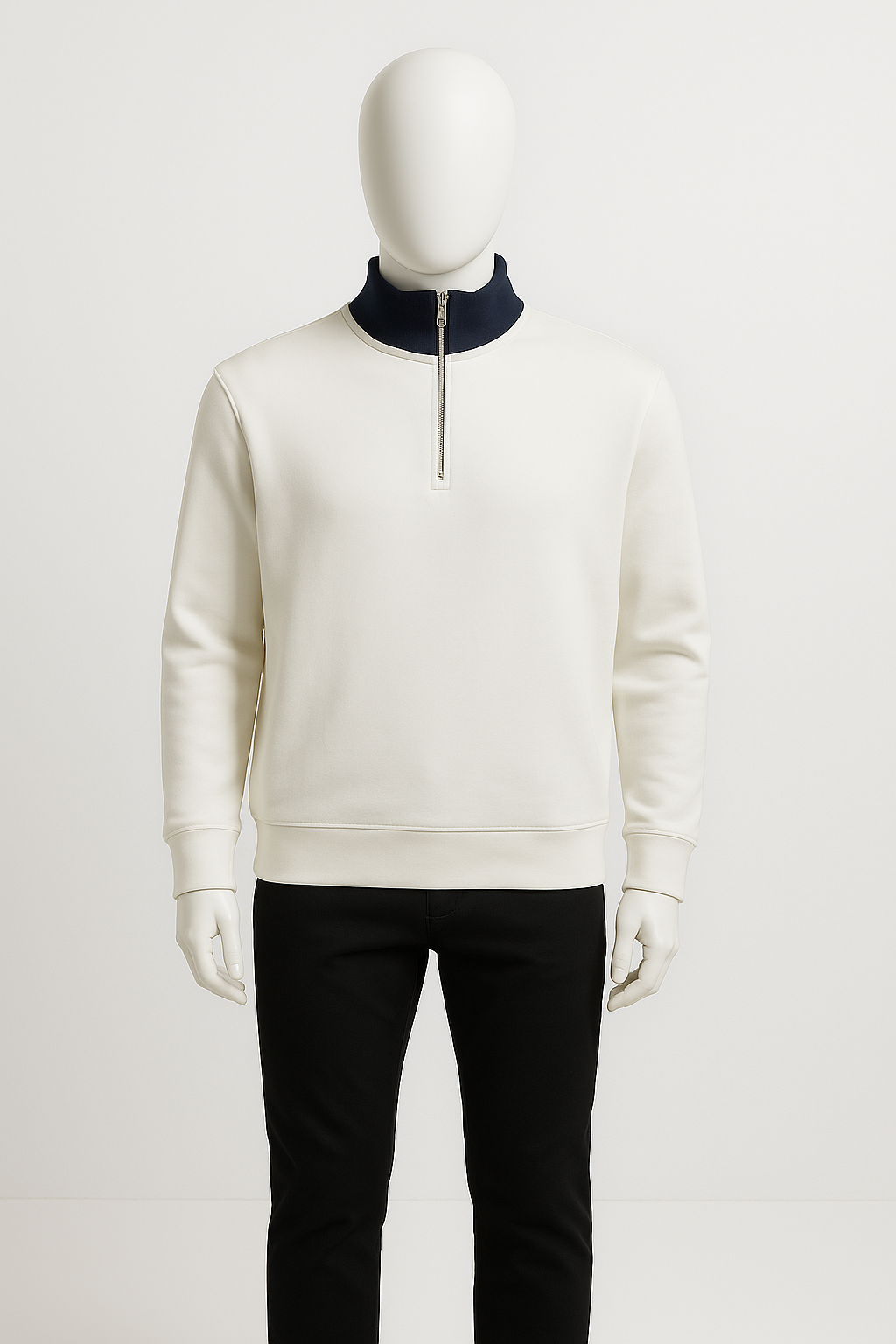 Men’s Off-White Half-Zip Sweatshirt with Navy Collar – HIM Fashions